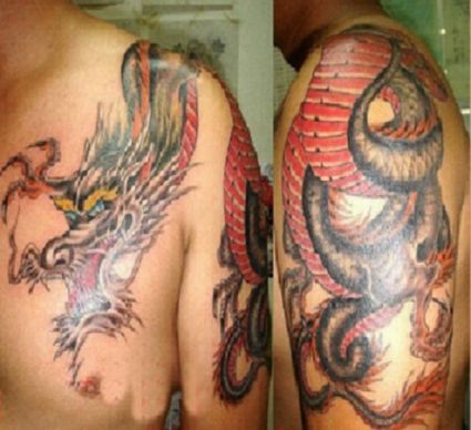European Dragon Pic Tattoo On Arm And Chest